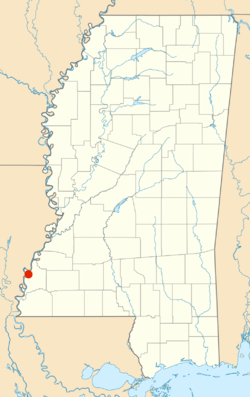 Map of the present-day state of Mississippi, showing the location of the massacre in the southwestern part of the state, across the river from Louisiana