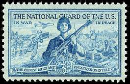 National Guard 3-cent 1953 issue U.S. stamp. The National Guard of the US - In War - In Peace - The Oldest Military Organization in the US.