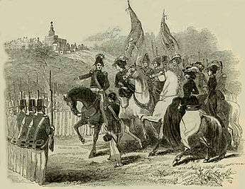 On horseback, Smith leads soldiers bearing flags