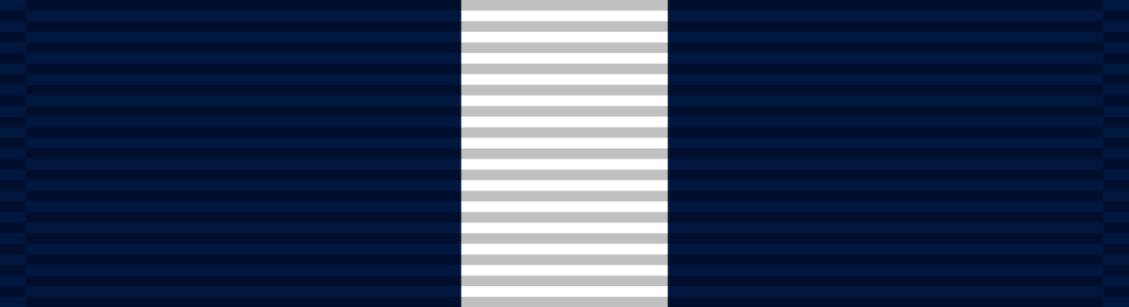 A navy blue ribbon with a thick white stripe down the middle