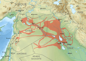 A map of the Middle East showing areas controlled by ISIL as of May 2015: a number of major cities in northern Syria and Iraq, and corridors connecting them.