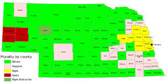 Boyle: cluster of 9 counties in east.  Harris: 3 counties in western Panhandle.  Hoppner: 17 counties, mostly in east.  Nelson: throughout state, though few in east.  Nelson and Boyle tied in Grant County.
