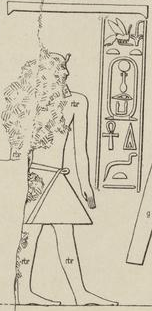 Drawing of a damaged relief showing the profile of a man standing, wearing the royal nemes, his name written in hieroglyphs next to him.