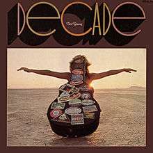 Stylized text "Decade" at the top one third, photo of a guitar container and a person at the bottom two thirds