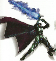 A knight wearing black armor and a blue sword