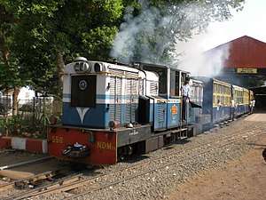 Blue-and-white diesel locomotive