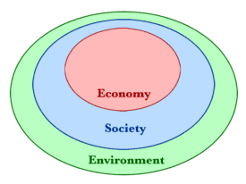 Three circles enclosed within one another showing how both economy and society are subsets that exist wholly within our planetary ecological system.