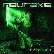 A person on their knees, in chains, writhing in agony as sunlight breaks through a single window, illuminating him. The entire cover only uses the colour green. The words "Neuraxis" and "Asylon" are written in different typefaces.