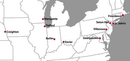 A map of the eastern United States with red location markers for ten cities.
