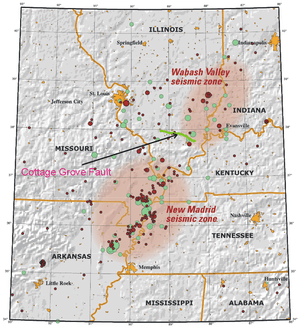Jutting off the Wabash Valley seismic zone on the Illinois–Indiana border is the Cottage Grove Fault. To the south, on the edge of Missouri, is the New Madrid seismic zone.