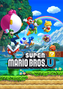 The 4 playable characters of the game are in the "Acorn Plains" world. Mario is jumping on Yoshi as they look to the Camera, Luigi with a shocked expression is holding onto a Balloon Baby Yoshi trying to avoid a Piranha Plant. Blue Toad is holding onto a bubble-blowing Baby Yoshi as it blows bubbles and traps a Goomba inside. Yellow Toad is flying while wearing the "Flying Squirrel Suit". The game's logo appears below.
