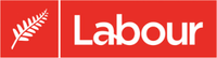 Red banner containing the word "Labour" in a sans-serif font to the right of a red square box containing a silver fern frond