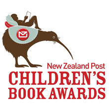 A drawing of child reading while reclining on cushions on the back of a large Kiwi wearing a saddle with the New Zealand Post logo. Underneath is the words New Zealand Post CHILDREN’S BOOK AWARDS IN red.