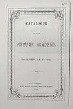A photograph of the cover of the Newark Academy Catalogue from 1850 identifying the Rev. M. Meigs as Principal