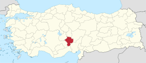 Niğde highlighted in red on a beige political map of Turkeym