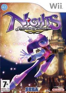 The cover art shows Nights, the game's main protagonist, floating in the air with a Big Ben-like tower in the foreground, and a large full moon behind it