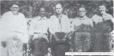 From left to right – Brother Peter C.S.C., Headmaster St. Gregory; Nicholas Rozario, Deputy Camp Chief (East Pakistan); J. S. Wilson, Director of International Bureau; Squadron Leader H.V. Bhatty, Scout Provincial Secretary and  A.R. Sardar Hussain, Scout Camp Chief for Pakistan