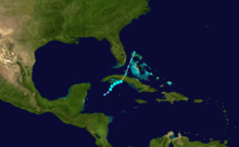 An image depicting the storm track of a short-lived tropical cyclone.
