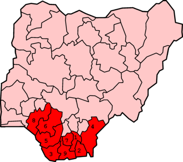 A map of Nigeria with the states comprising the Niger Delta highlighted and numbered.