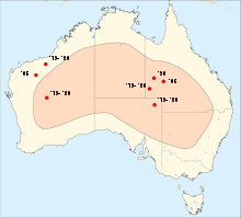 Sighted in western central Australia 4 times in total twice in 1979-1980, 1990, and 2006. Sighted 3 times in total in northern West Australia twice in 1979-1980, and in 2005