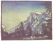 woodblock print showing Half Dome in Yosemite National Park, California