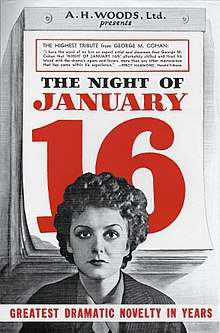 Flyer with a black and white image of Doris Nolan in front of a large daily calendar. The calendar shows "The Night of January 16" with "January 16" in red. At the bottom of the flyer is the text "greatest dramatic novelty in years" in all caps.