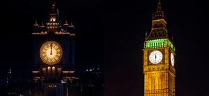 A side-by-side comparison of Bellbridge's clock tower compared to Big Ben. Both share a striking resemblance in terms of architecture and design.