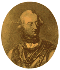 Sepia print of a white-haired man with his hair in late 1700s style with curls over his ears. He wears a military cuirass over his coat.