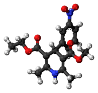 Ball-and-stick model of the nitrendipine molecule
