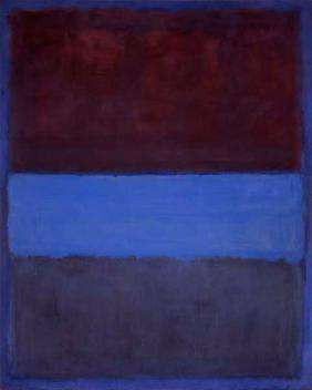A vertical abstract painting in blue and red