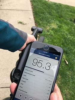 Noise level from a leaf blower using the NIOSH Sound Level Meter app showing 95.3 decibels.