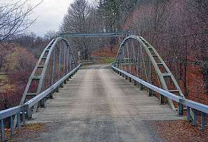 A metal bridge with two arched sides, forking gently over the course of their arch, braced at the top by two metal bars, and a wooden deck, in a semi-wooded area at a time of year when no trees are in leaf and dead leaves cover the ground.