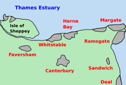 A map of north-east Kent, with urban areas shaded in grey. Labels mark the locations of the Thames Estuary, the Isle of Sheppey, Whitstable, Herne Bay, Margate, Ramsgate, Sandwich, Deal, Faversham and Canterbury.