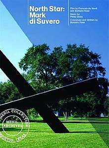 Text is superposed on a photograph. In the upper right, the text gives the film's title and some of its credits. In the lower left, the text reads "Menil Collection, Houston, Texas". The photograph shows a grass lawn, with trees and the sky in the distance. Two large, black metal beams cross like the letter "X" in the foreground.