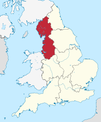North West England, highlighted in red on a beige political map of England