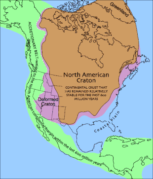 The brown area covers most of current-day North America. It did not cover the area where the Rocky Mountains are, Mexico and the southeastern portion on the U.S.