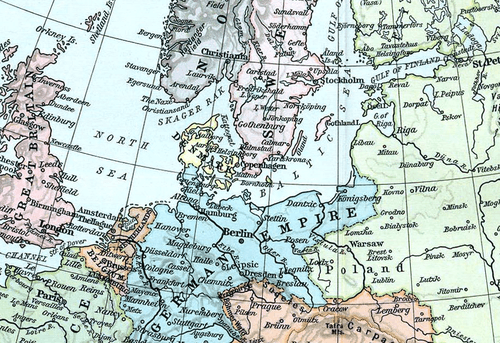 Germany is bordered by the North and Baltic Seas and Scandinavia to the north, by Russia in the east, and France and the Low Countries in the west. Britain lies across the North Sea to the west.