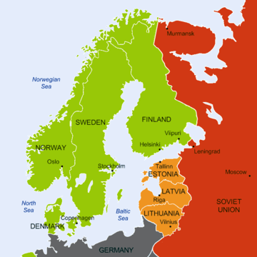 A geopolitical map of Northern Europe where Finland, Sweden, Norway and Denmark are tagged as neutral nations and the Soviet Union is shown having military bases in the nations of Estonia, Latvia and Lithuania.