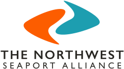 The logo of the Northwest Seaport Alliance, composed of two boomerang-like shapes colored orange and blue