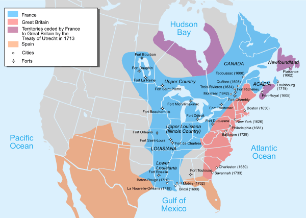 Map of French and British North American possessions in the early 18th century. After ceding Hudson's Bay to the British in the Treaty of Utrecht, France built forts such as Fort Michilimackinac to protect the New France fur trade from the British Hudson's Bay Company.