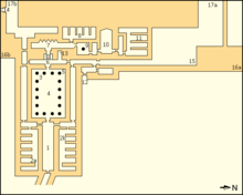Map of Nyuserre's mortuary temple. The captions from 1-7 tend from east to west and describe the layout of the entrance hall to chapel. From 7-11 the captions tend north, and describe the chapel through offering hall. The remaining captions, 12-17, describe the location of various features.