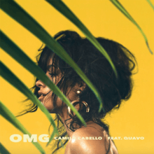 Single cover which shows a young brunette woman over a yellow background with some plant leafs covering part of her face. There are two phrases under her image: "OMG" and Camila Cabello featuring Quavo, they're written in white capital letters.