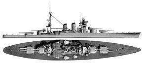 A diagram of the external side and top views of the battleship