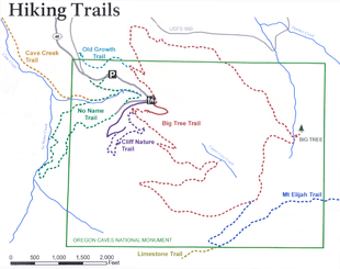 Map of trails in and near the monument. Symbols show the locations of the parking lot, the hotel, the visitor center, and Big Tree.
