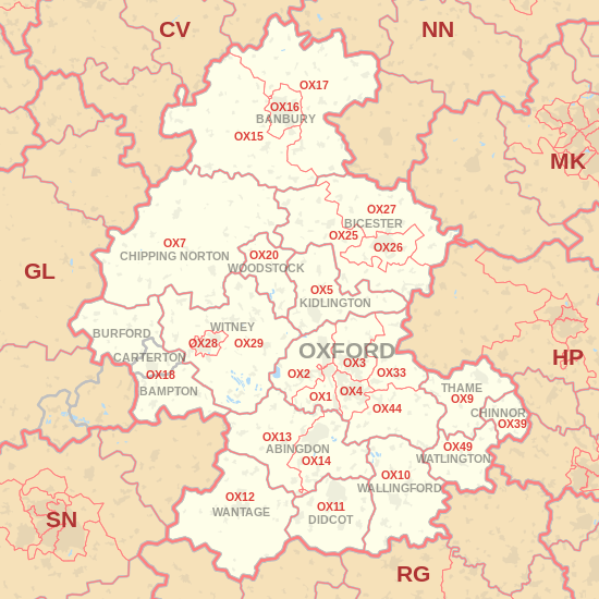 OX postcode area map, showing postcode districts, post towns and neighbouring postcode areas.
