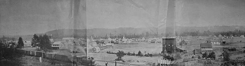 A monotone image of a logging town, circa 1906, with a train in the foreground and buildings behind.