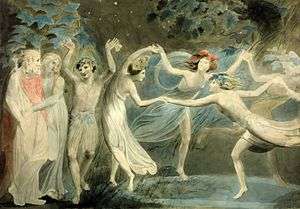 Four fairies dance in a circle beside another fairy who faces a human king and queen