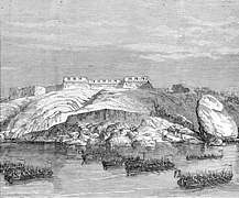Soldiers in boats storming a citadel