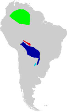 Map of South America marked  green in southeastern Colombia, southern Venezuela, and northwestern  Brazil; red in a narrow strip in northeastern Bolivia; dark blue in much  of eastern Bolivia, much of Paraguay, and nearby Brazil; and light blue  in a small area in northeastern Argentina.