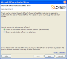 The Activation Wizard in Office 2010
